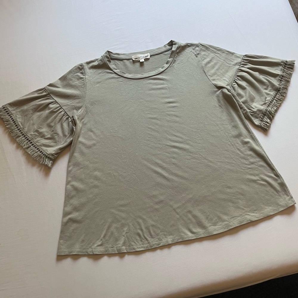 JOHNNY WAS sage olive army green knit short bell sleeve crew fringe tassel tee